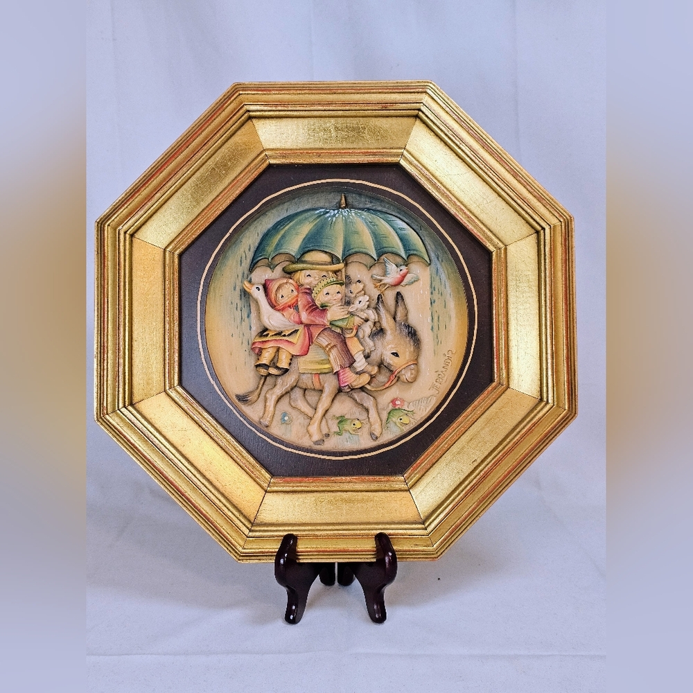 ANRI Wood Carving Wall Art Riding Thru The Rain, Ferrandiz, 1982 IOB